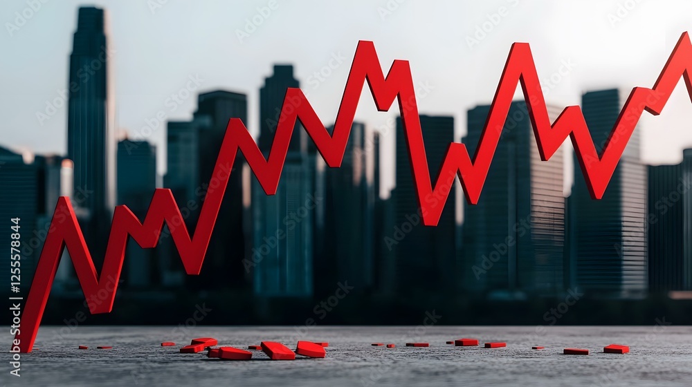 Poster a large, three-dimensional red graph charting a volatile but ultimately upward trend is shown in fro