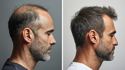Fototapeta premium Transformation journey of a man's hair restoration highlighting significant growth