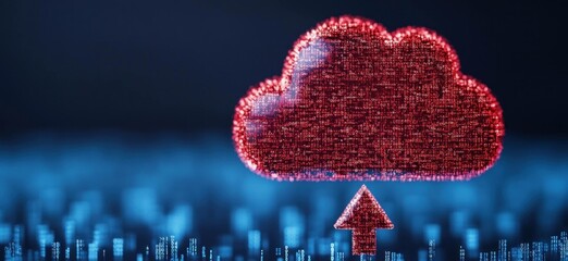 Digital cloud storage concept with red pixelated cloud symbolizing data transfer, set against a blue abstract background featuring binary code
