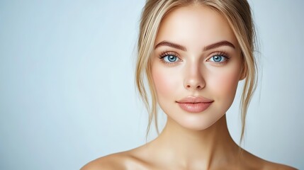 Fototapeta premium pretty Caucasian woman with radiant flawless skin, facial and skincare beauty industrial model portrait on soft light background