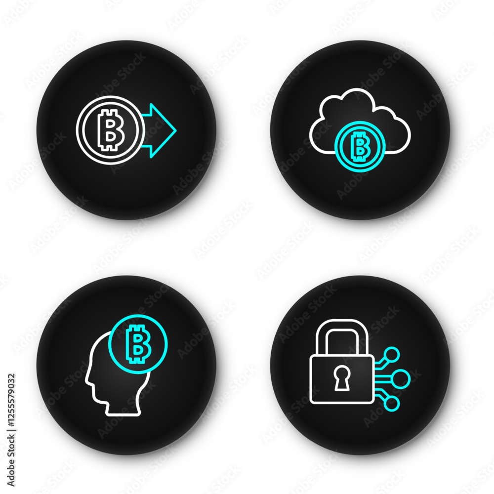 Poster set line lock with bitcoin, bitcoin think, cryptocurrency cloud mining and icon. vector