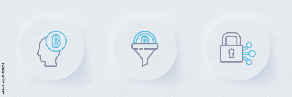 Aufkleber set line lock with bitcoin, sales funnel and bitcoin think icon. vector