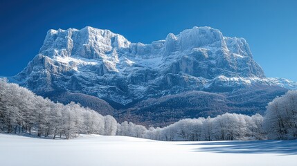 Majestic snow-capped mountain range, winter wonderland scene.