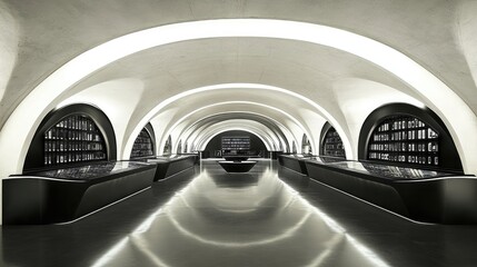 Obraz premium Modern arched cellar wine display, city location, reflective floor, background shelves