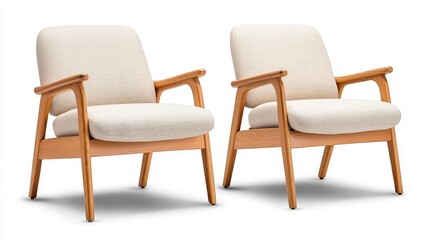 Two stylish mid-century modern armchairs with light upholstery and wooden frames, perfect for enhancing a cozy living space.