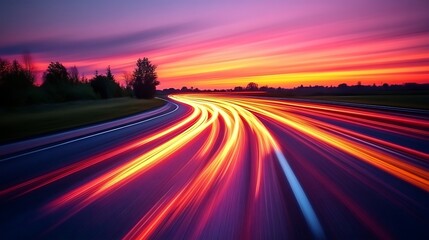 Fototapeta premium Vibrant Sunset Light Trails On Winding Country Road