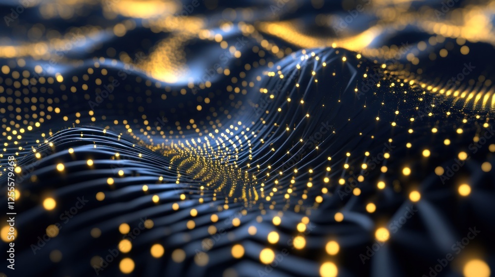 Poster abstract neural network connecting golden nodes in a dark blue environment