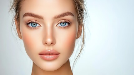 Naklejka premium pretty Caucasian woman with radiant flawless skin, facial and skincare beauty industrial model portrait on soft light background