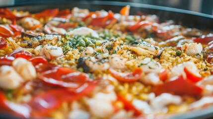 Close-up of rice and Spanish paella with seafood and saffron in a classic Spanish paella pan, emphasizing rich and colorful qualities. Ideal for Spanish cuisine and festive gatherings.