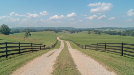 Fototapeta premium Scenic country road, winding through green fields, under a blue sky with fluffy clouds. Use Travel brochure