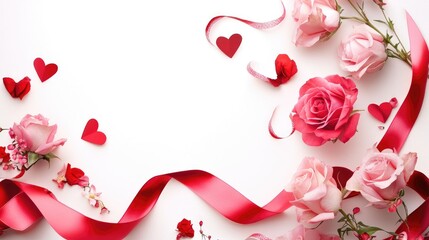 A romantic Valentine's Day design with delicate pink roses and a bold red satin ribbon curling around the floral arrangement