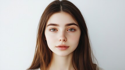 Naklejka premium pretty brunette hair Caucasian woman with radiant flawless skin, facial and skincare beauty industrial model portrait on soft light background