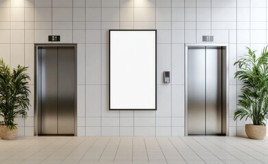 A mockup of an empty, blank poster frame in the middle of an office lobby with white tile walls and two silver elevator doors on each side