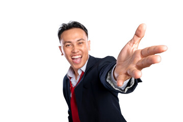 Portrait of an Asian businessman raising hands with an excited expression isolated over a white background. Concept of Indonesian business, entrepreneur, and successful