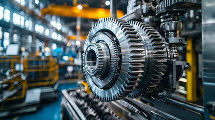 Gear System. Close up of industrial gears in factory setting