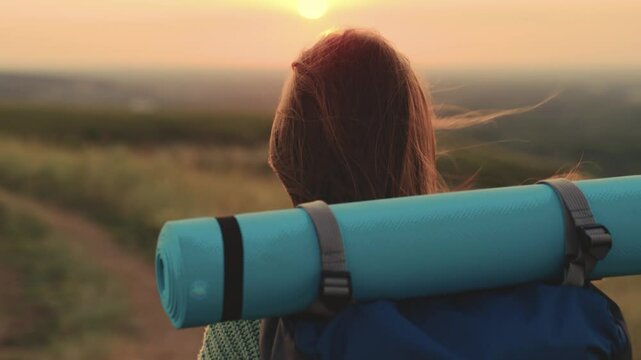 girl with backpack traveling at sunset, hiking person, lidi adventure nature, chasing dreams at dusk, embracing the sunset breeze, chasing the fading light, adventurer at dusk, adventures at day's end