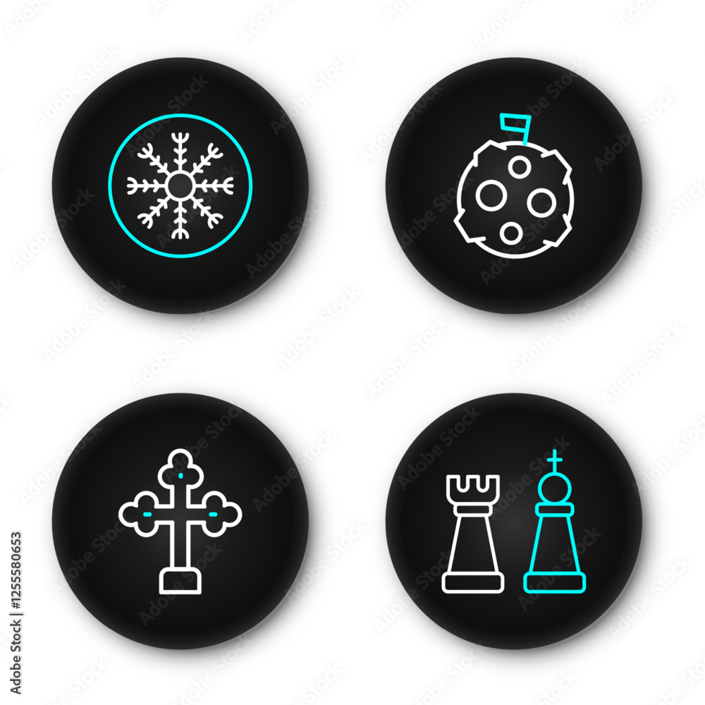 Poster set line chess, christian cross, moon with flag and snowflake icon. vector