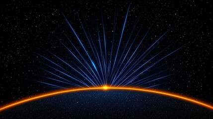 Obraz premium Vibrant Sunrise Over Horizon with Radiating Blue Rays and Starry Background