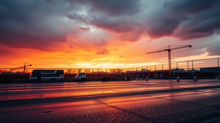 Construction Site Sunset Dramatic Sky and Cranes