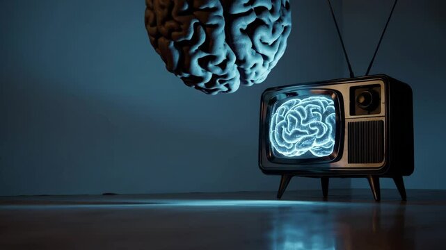 Vintage television displaying a virtual 3d brain under a floating brain, illustrating themes of brainwashing, media manipulation, and propaganda