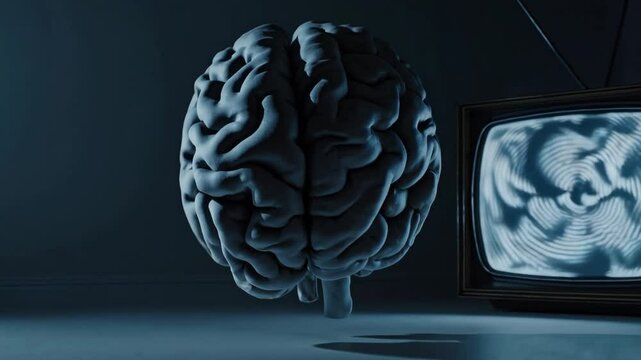 Human brain hanging in dark room with old television broadcasting hypnotic signal, representing concepts of mind control, brainwashing, and influence of mass media