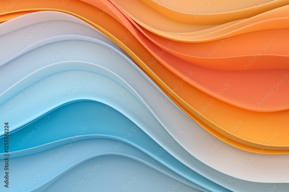 Poster a fluid, abstract composition of smooth layered curves merging vibrant blues with warm oranges in a