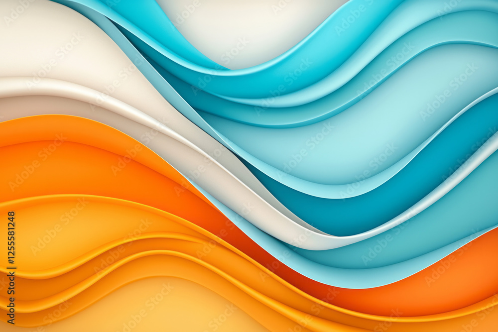 Poster a fluid, abstract composition of smooth layered curves merging vibrant blues with warm oranges in a