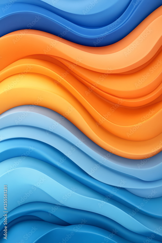 Aufkleber an undulating surface of overlapping, wavy shapes fusing bright cobalt and soft orange hues for a