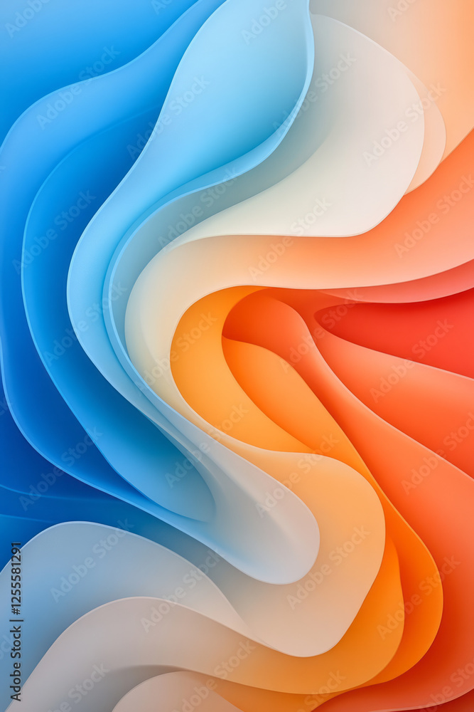 Aufkleber an undulating surface of overlapping, wavy shapes fusing bright cobalt and soft orange hues for a