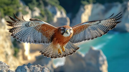 Powerful hawk in flight over dramatic coastal cliffs.