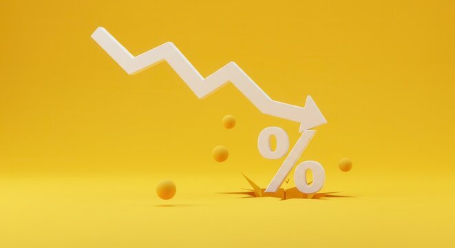falling white chart arrow with percent icon on wide yellow background with mock up place. Falling interest rates and mortgage concept. 3D Rendering.