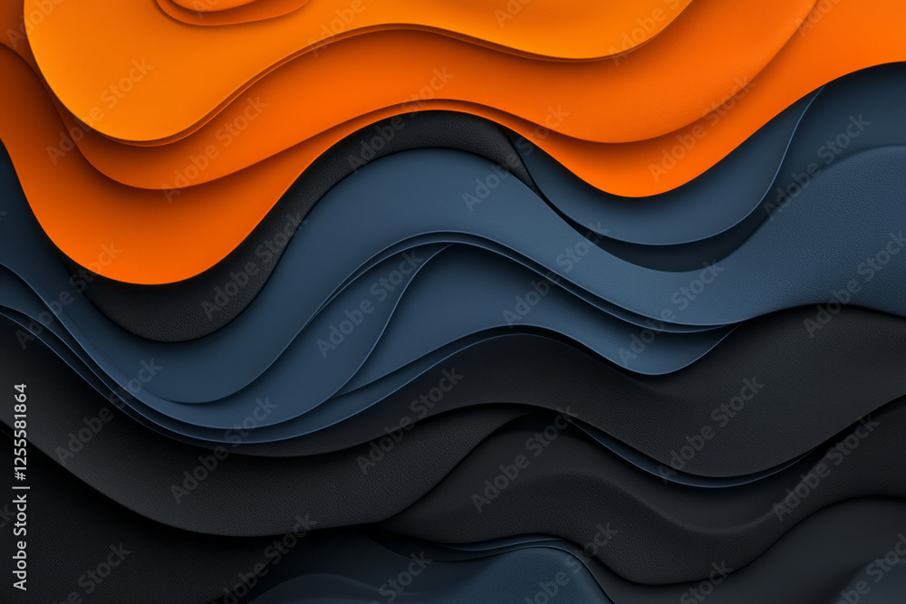 Poster a layered, fluid surface in bold orange and deep blue tones, each curve overlapping to form a
