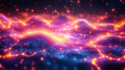 Abstract glowing energy waves with vibrant particles.