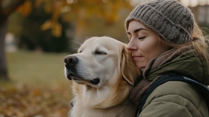 Woman embraces her Golden Retriever dog in park during autumn season