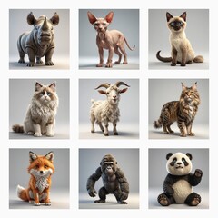 A collection of nine different animals displayed in a grid format against a simple grey background. Animals include a rhino, cats, goat, fox, gorilla and panda.