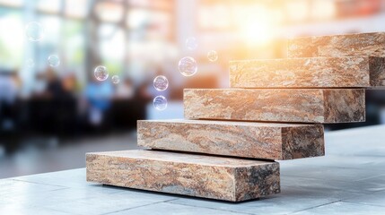 Stone Steps Leading Upward Towards Sunlight with Bubbles