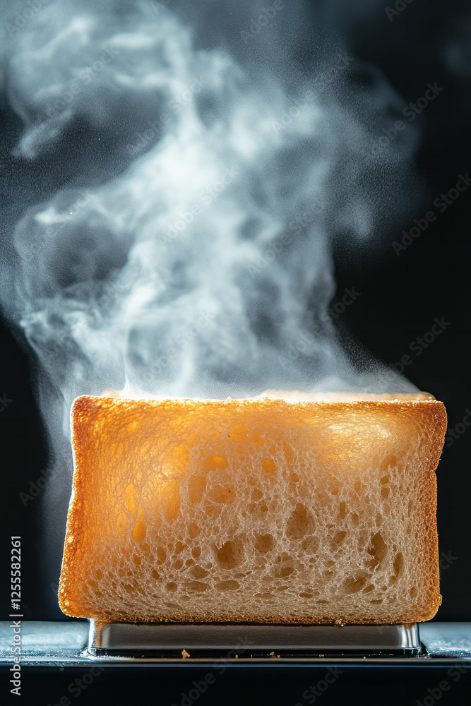 Poster a close-up shot of steaming hot bread emerging from a toaster, with subtle crumbs and hints of a