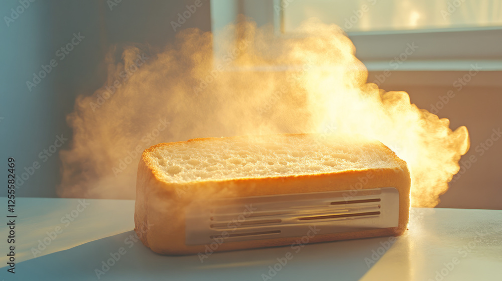 Poster an action shot showing a toaster ejecting perfectly browned bread, gentle clouds of steam adding