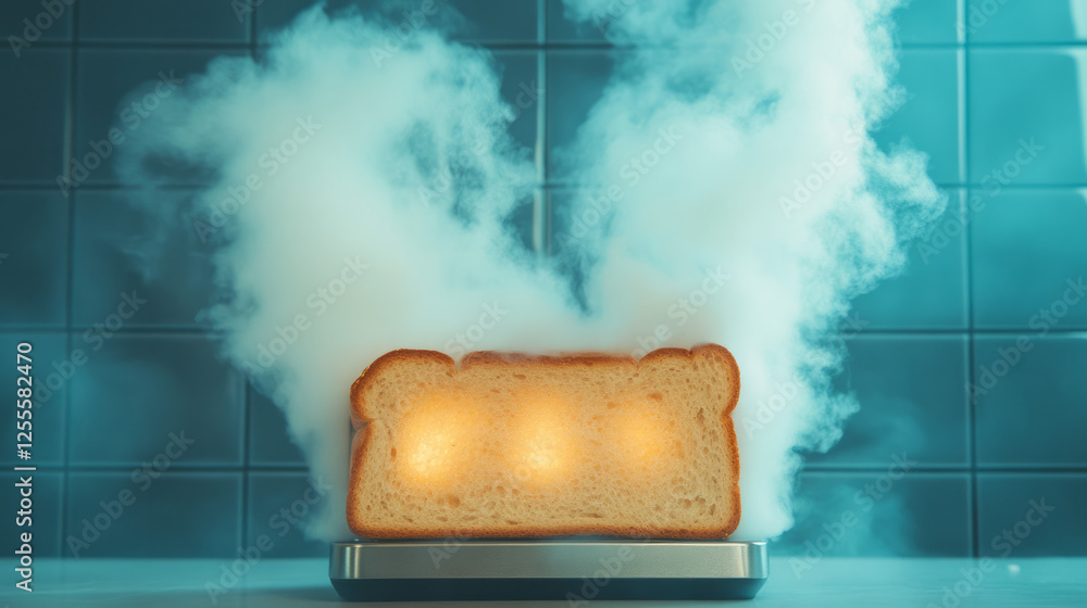Poster an action shot showing a toaster ejecting perfectly browned bread, gentle clouds of steam adding