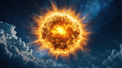 Fototapeta premium A radiant sun emits fiery rays amidst a backdrop of clouds and cosmic space, creating a stunning celestial scene.