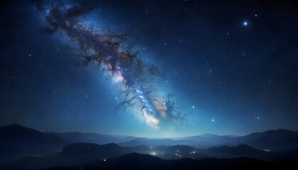 Fototapeta premium A breathtaking night sky with the Milky Way stretching across the horizon, glowing with blue and golden hues. Below, misty mountains and a peaceful valley with scattered lights create a dreamy scene