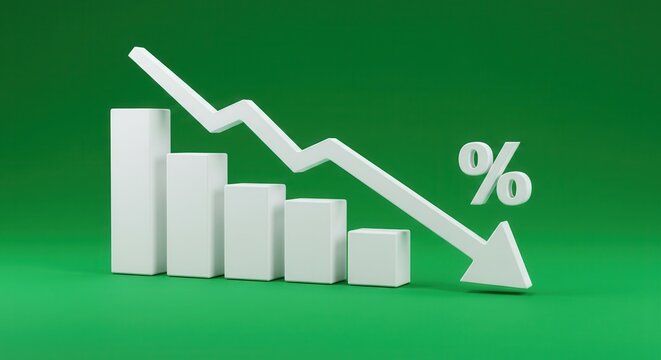 falling white chart arrow with percent icon on wide green background with mock up place. Falling interest rates and mortgage concept. 3D Rendering.