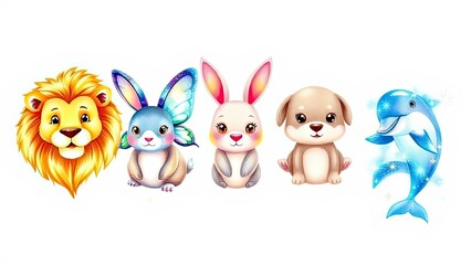 Obraz premium Adorable Cartoon Animals Lion Bunny Puppy Dolphin Illustration