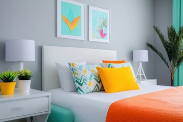 Modern bedroom with vibrant cushions and minimalist decor in contemporary style