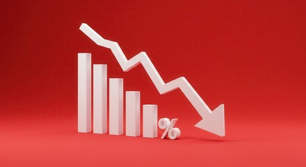 falling white chart arrow with percent icon on wide red background with mock up place. Falling interest rates and mortgage concept. 3D Rendering.