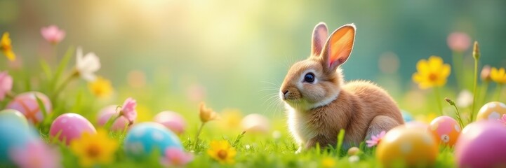 Fototapeta premium Fluffy bunny surrounded by colorful Easter eggs in a vibrant floral meadow, spring, adorable, easter eggs