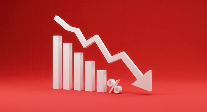 falling white chart arrow with percent icon on wide red background with mock up place. Falling interest rates and mortgage concept. 3D Rendering.