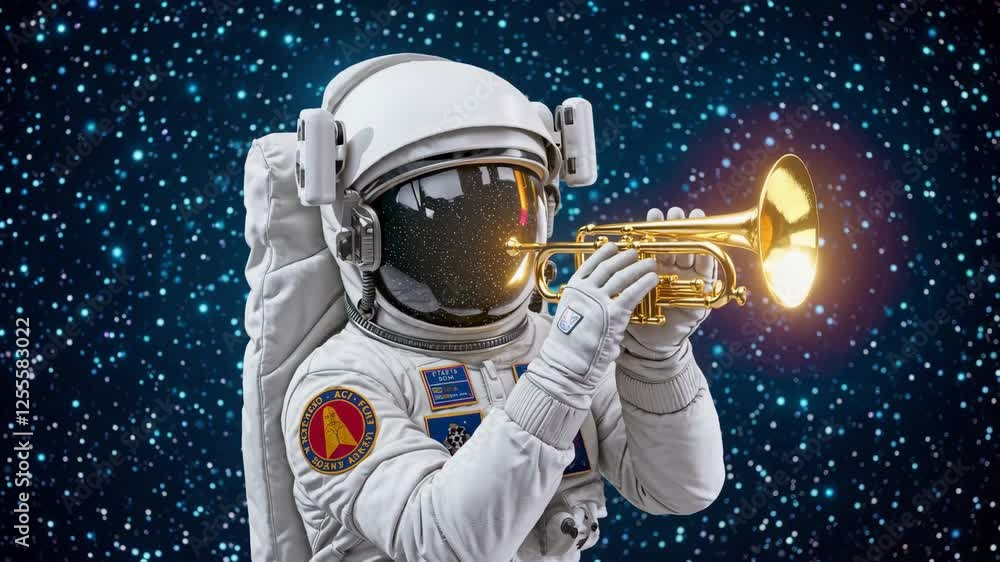 Poster astronaut wearing a spacesuit plays a trumpet in the vast expanse of space, with a black hole and co