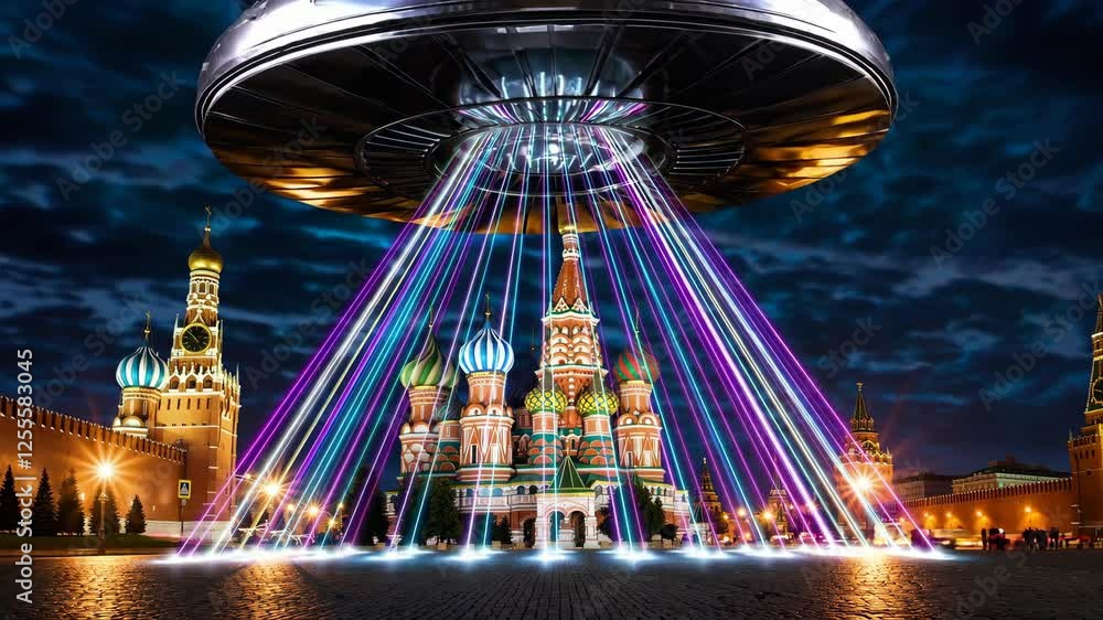 Poster large alien spaceship hovering over saint basil's cathedral in moscow's red square at night emitting