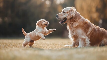Playful Golden Retriever puppy playfully bites the paw of a larger Golden Retriever in a grassy field, with a blurred background.